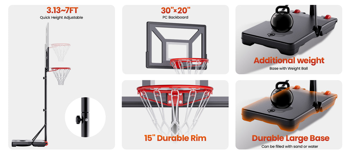 AWII Sport 30" Portable Basketball Hoop – Key Features: PC Backboard, 3.13–7 FT Height, Large Base, Weight Ball, 15" Rim