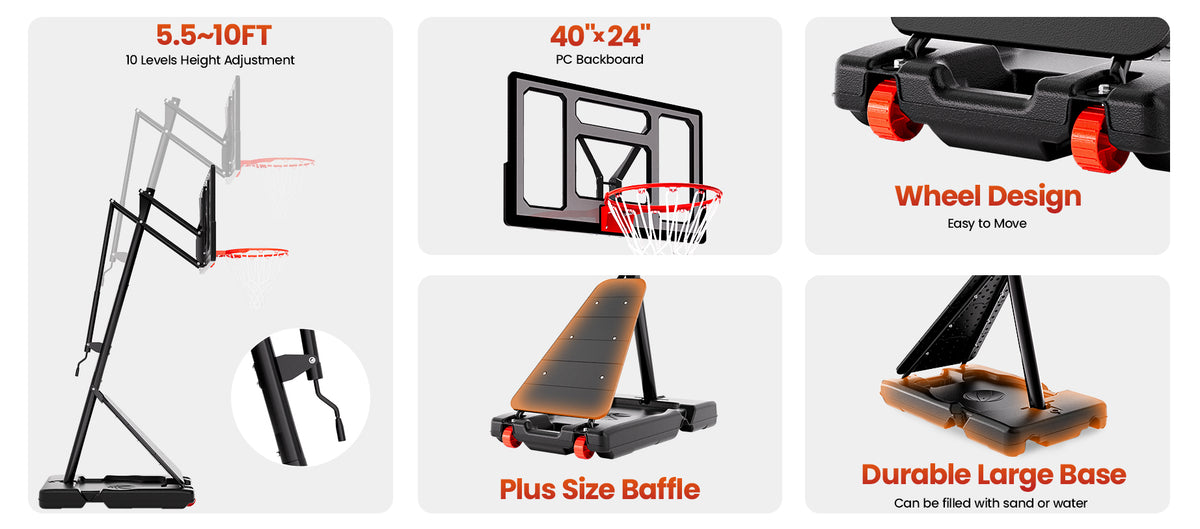 AWII Sport 40" Portable Basketball Hoop – Key Features: PC Backboard, 5.5–10 FT Height, Large Base, Wheels