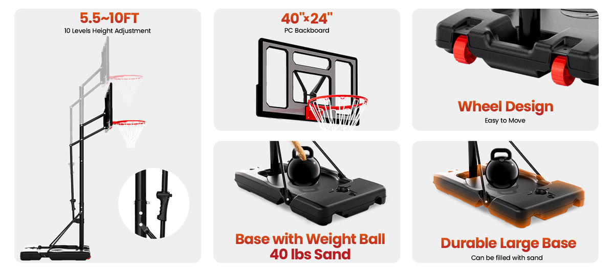 AWII Sport 40" Portable Basketball Hoop – Key Features: PC Backboard, 5.5–10 FT Height, Large Base, Wheels, Weight Ball