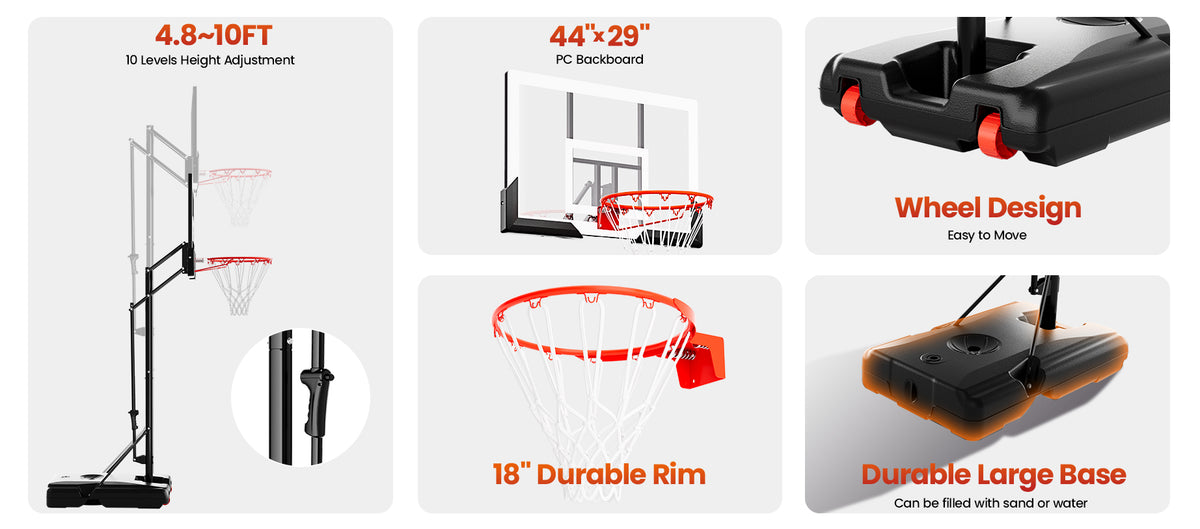 AWII Sport 44" Portable Basketball Hoop – Key Features: PC Backboard, 4.8–10 FT Height, Large Base, Wheels, 18" Rim