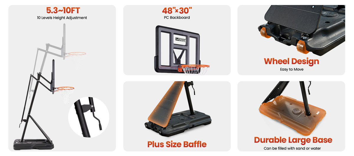 AWII Sport 48" Portable Basketball Hoop – Key Features: PC Backboard, 5.3–10 FT Height, Large Base, Wheels