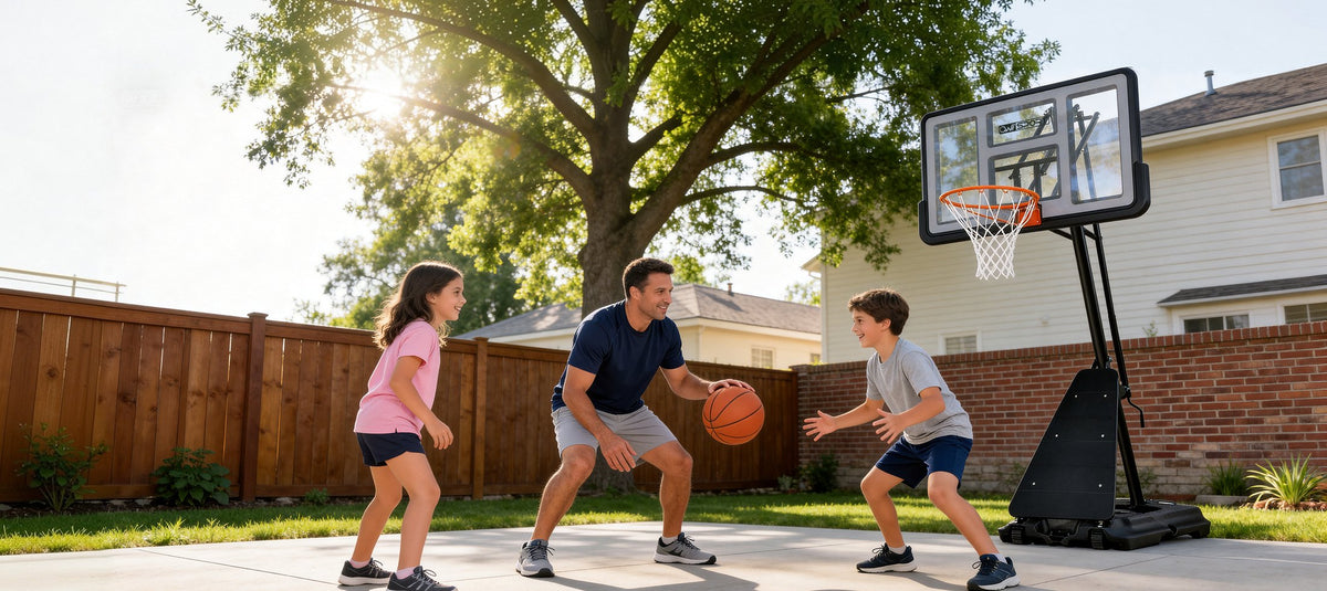Young players on an outdoor court with an AWII Sport portable basketball hoop
