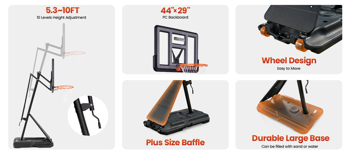 AWII Sport 44" Portable Basketball Hoop – Key Features: PC Backboard, 5.3–10 FT Height, Large Base, Wheels