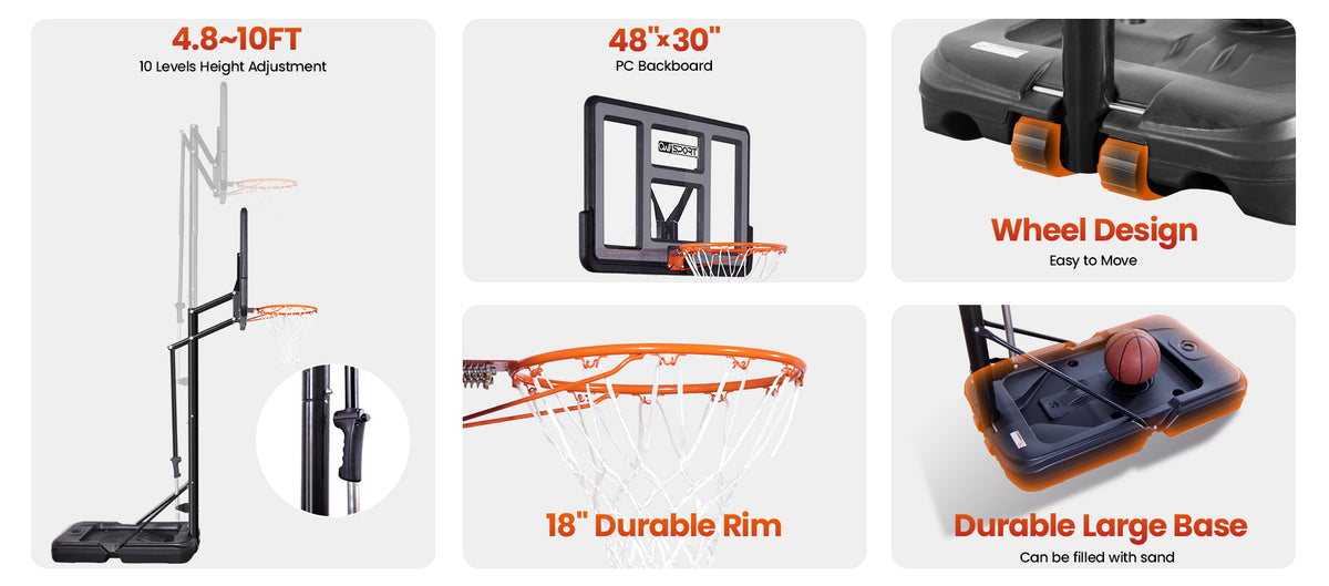 AWII Sport 48" Portable Basketball Hoop – Key Features: PC Backboard, 4.8–10 FT Height, Large Base, Wheels, 18" Rim
